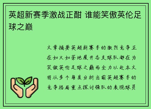 英超新赛季激战正酣 谁能笑傲英伦足球之巅