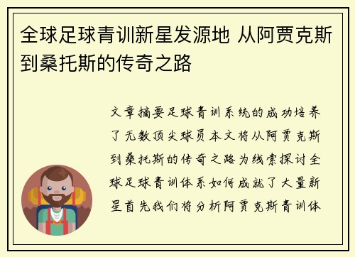 全球足球青训新星发源地 从阿贾克斯到桑托斯的传奇之路